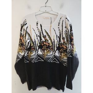 Simply Couture Black & White w/Beading Floral Print Cotton/Cashmere size Large